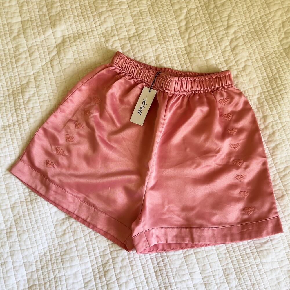 Nasty Gal Pink Satin Shorts Women's Small NWT Heart Embroidery